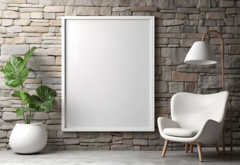 White blank poster frame on a textured stone wall, generative AI