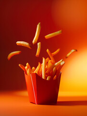 French fry floating in mid-air , falling in to a French fry box , against a vertical gradient backdrop сreated with Generative Ai
