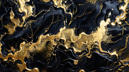 Ink Abstract: Black Colored Paint with Watercolor Stone and Liquid Marble Texture, Modern Gold Glitter Design Splash - Design Template, Wallpaper, Background