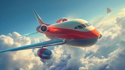 A red and white airplane flying through the sky - obrazy, fototapety, plakaty