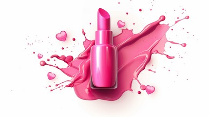 A pink lipstick is on a white background with pink splatters
