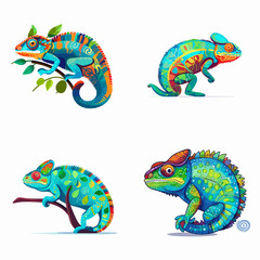 green chameleon set animal cartoon