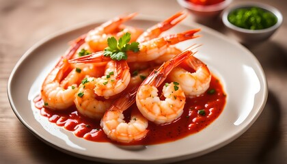 Steamed shrimp on plate and tomato sauce