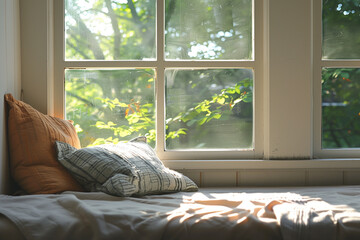 Close-up of a cozy window seat bathed in sunlight, providing a tranquil spot for a siesta while enjoying views of the outdoors, minimalistic style, - obrazy, fototapety, plakaty