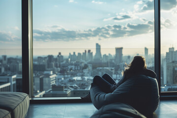 A tranquil photo of a person lounging on a bean bag chair on a balcony, enjoying a siesta while taking in panoramic city views, minimalistic style,