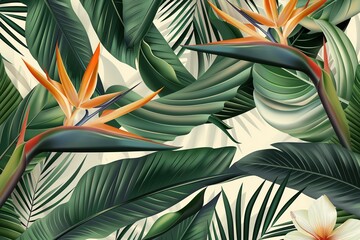 tropical bird of paradise flowers and palm leaves