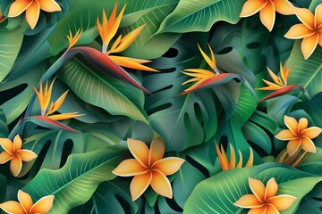 Fototapeta na wymiar tropical bird of paradise flowers and palm leaves