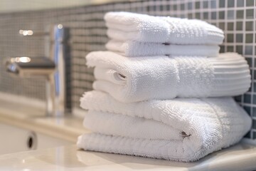 Stack of clean soft white towels in bathroom 