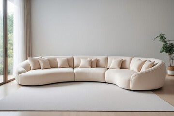 Puffy curved sofa in spacious room. Minimalist home interior design of modern living room