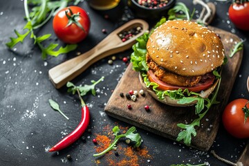 fresh chicken burger sandwich with ingredients and spices, Macro