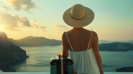 Fototapeta premium Attractive woman, sun hat sits with her back to the camera, holding a suitcase and looking far into the distance, islands, sun and blue water in the background, copy space, 16:9