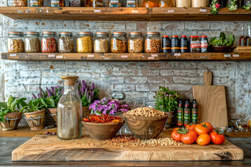 Vegetables, spices, and ingredients in a kitchen lit by natural light, wood cutting board and brick walls, generative ai - obrazy, fototapety, plakaty
