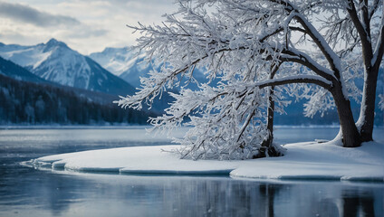 A tree covered in snow sits on a small island in the middle of a lake. - Powered by Adobe