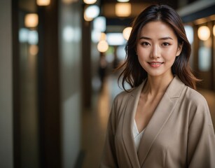 Obraz premium Exuding Confidence: happy Japanese Businesswoman posing confitently in Modern Office