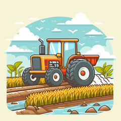 tractor cultivating rice field farm