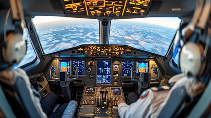 Virtual reality exam in flight simulator cabin at aviation school  man controls aircraft. - Powered by Adobe