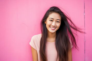 Portrait of happy young asian woman in front of the pink wall - Powered by Adobe