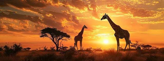  Giraffes silhouetted against vibrant sunset, African savannah backdrop. © Suresh