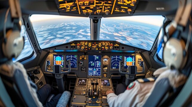 Virtual reality exam in flight simulator cabin at aviation school  man controls aircraft.