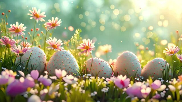 Painted Easter eggs on the grass. Easter eggs for hunt. Sunny positive climate. Beautiful surroundings and cheerful animation. Spring sunlight and fresh flowers in the wind 4k video colorful