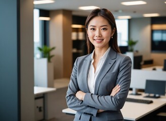 Fototapeta premium Exuding Confidence: happy Japanese Businesswoman posing confitently in Modern Office