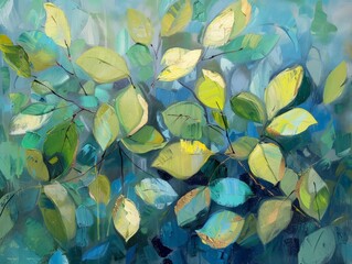 A painting featuring vivid green leaves against a striking blue background, creating a bold contrast and vibrant visual impact