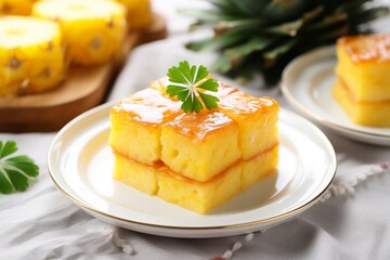Homemade pineapple cake with honey syrup on white kitchen table, copy space available