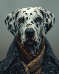 Fashion Photoshoot of Dalmation Dog, Photorealistic Portrait of Dog in cosy clothes, spotty, sophisticated, seated portrait, serious expression, close up, head and shoulders, looking at camera, scarf