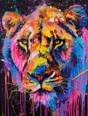 A realistic painting of a lion, showcasing its intense gaze and powerful presence, set against a deep black background