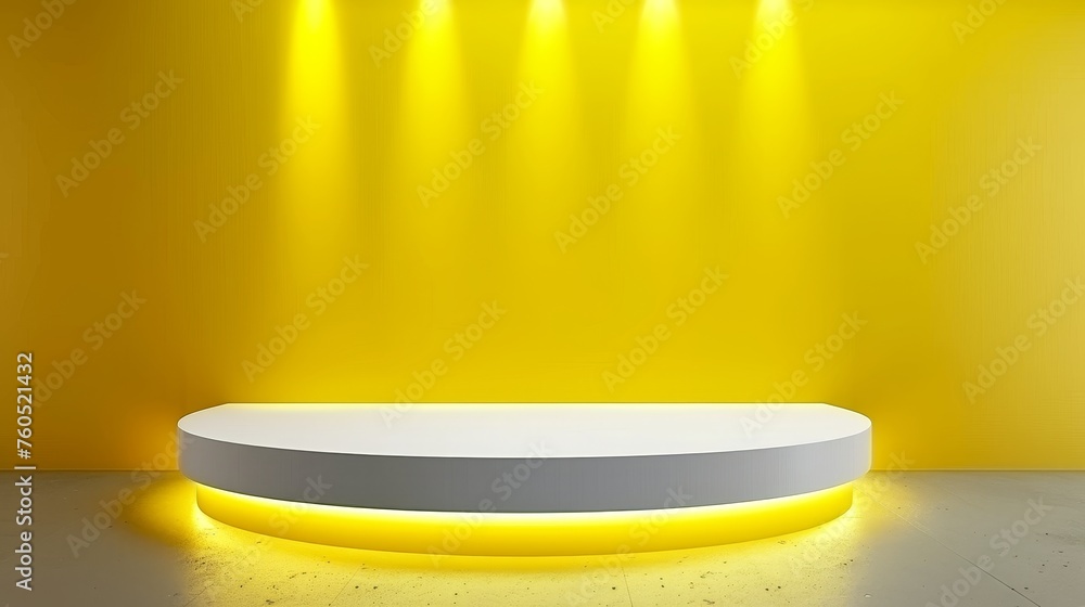 Poster empty white podium on yellow background with spotlight in light studio setting for product display