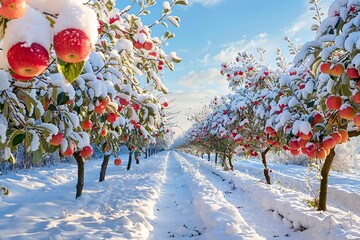 Snow Covered Path Between Rows of Apple Trees
