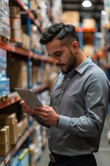 Fototapeta premium Man in Warehouse Looking at Tablet