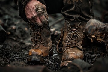 Person Wearing Muddy Boots Standing in Mud