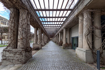 Pergola - concrete arch passage in the garden, tourist attraction of Wroclaw, - obrazy, fototapety, plakaty