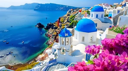 Poster Santorini thira island daytime panorama with fira and oia towns in greece, cliffs and beaches view © Eva