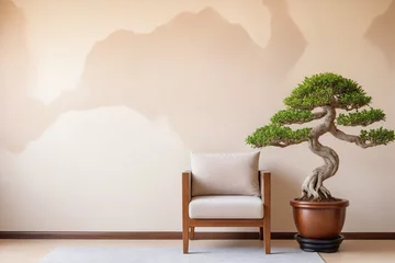 Gardinen Stylish armchair and bonsai tree in wooden pot. Interior design of modern living room with beige stucco wall with empty copy space © Giuseppe Cammino