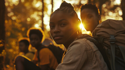Obraz premium Group of black teenagers doing hiking activities, portrait of black teenagers on the background of forest and sky, lifestyle concept, activities.