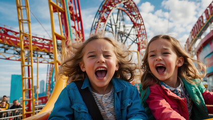 Zwei Kinder haben Spaß auf Achterbahn im Freizeitpark mit Stadtsilhouette - obrazy, fototapety, plakaty