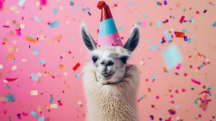 Cheerful llama in a jester's cap on a pink background with confetti