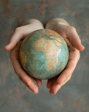 Old-fashioned globe in hands, faded colors, side angle, symbol of Earth preservation