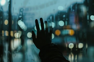 hand is reaching out from the fog on window glass, with a blurred background and gray tones