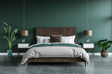 Modern green painted wall, Bedroom interior Design. Minimalist 3d concept with a dark brown bed and a carpet.