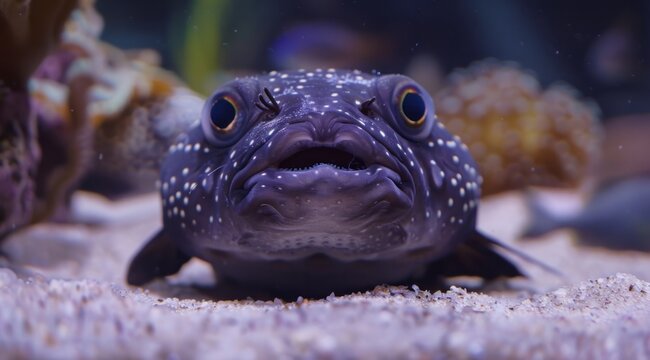 Purple pufferfish, laying flat in sand, at the bottom of tank, fish looking straight ahead towards the camera. comical, funny photo of fish, grumpy, weird, ugly, fat fish, cute