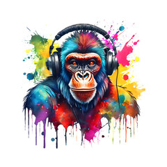 Cool gorilla Wearing Headphones on clean background for Sublimation Printing, T-shirt Design Clipart, DTF DTG Printing, Animals, Dj, Illustration, Generative AI.