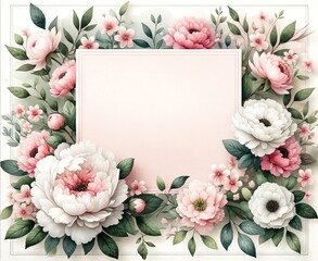Watercolor painting of White and Pink Flowers and Botanical Elements for frame, corner and border invitation