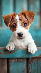 Curious puppy with paws up peeking over blue wooden background, copy space for text