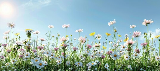 Tranquil meadow with white and pink daisies, yellow dandelions under morning sun, perfect for text.