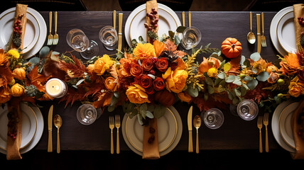 Autumn holiday tablescape, formal dinner table setting, table scape with elegant autumnal floral decor for wedding party and event decoration