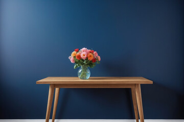 Wooden table with vase with bouquet of flowers near empty, blank dark blue wall. Home interior background with copy space