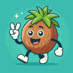 cartoon walking coconut logo peace hand logo template